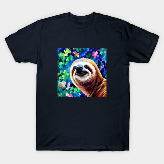 Smiling Sloth Surrounded by Flowers T-Shirt by ArtistsQuest